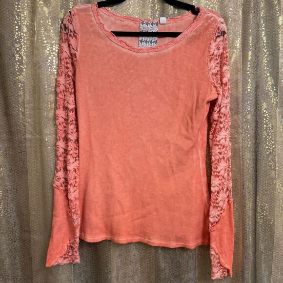 Others Follow Coral Orange Lace Sleeve Waffle Knit Boho Long Sleeve Top Medium - Picture 1 of 6